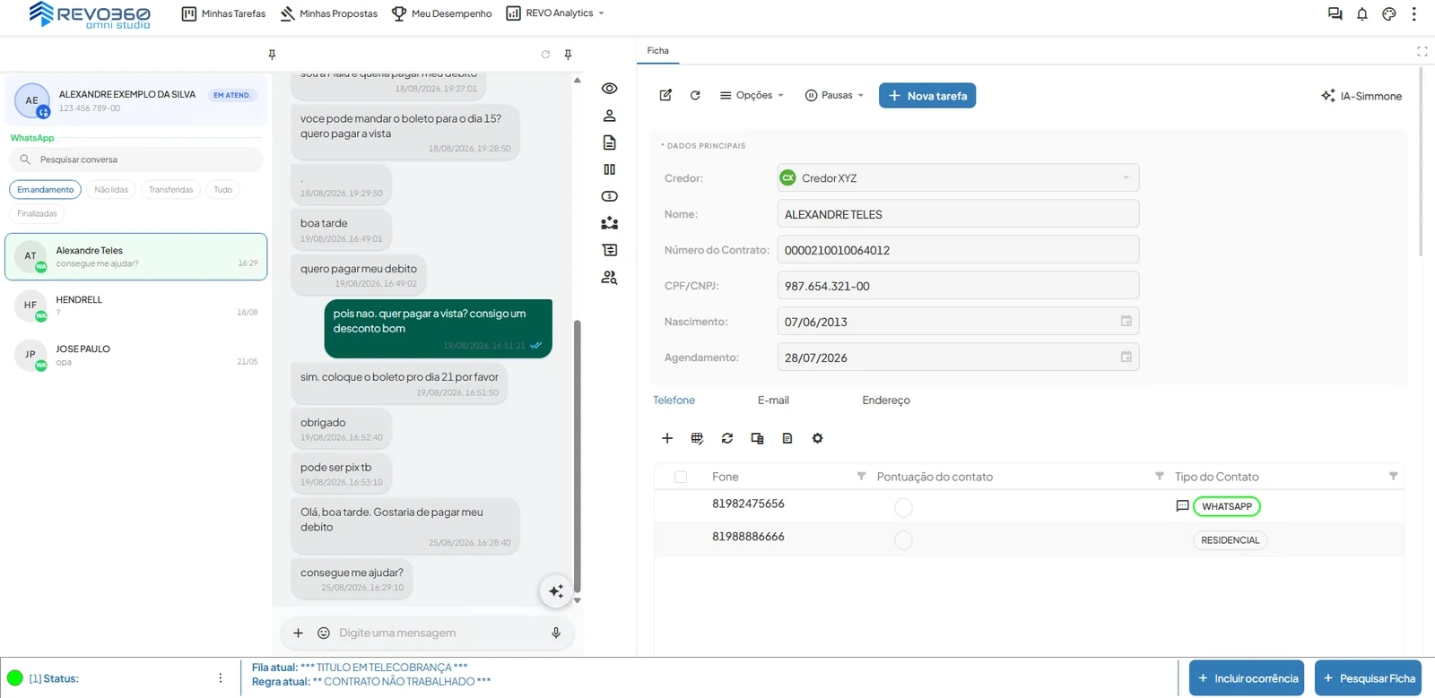 Omni Studio do revo360: a conversa de WhatsApp, a fila de atendimentos e a ficha completa do devedor na mesma tela